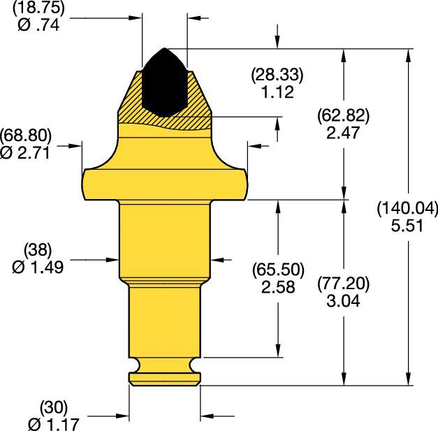 Denti conici con codolo a scalino 38/30 mm • Serie scanalatura C 2.5"