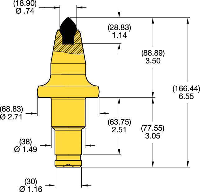 Denti conici con codolo a scalino 38/30 mm • Serie scanalatura K 3.5"