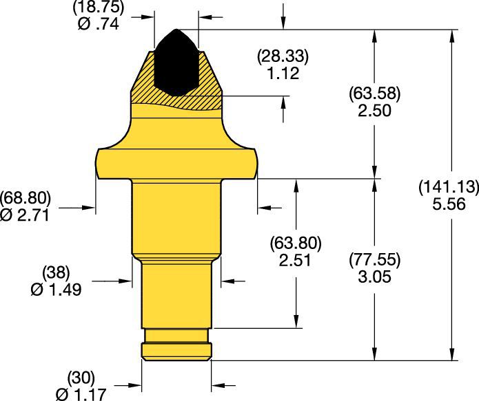 Denti conici con codolo a scalino 38/30 mm • Serie scanalatura K 2.5"