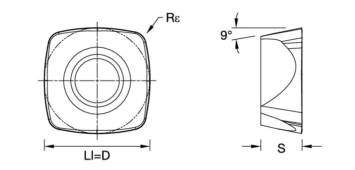 High-feed copy milling insert with four cutting edges.