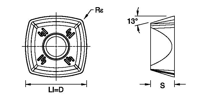 High-feed copy milling insert with four cutting edges, precision ground.