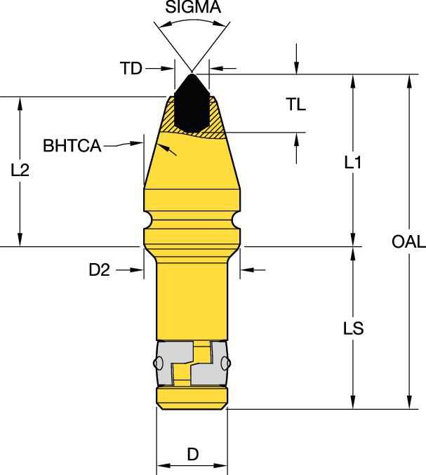 Rotating tungsten carbide pick • 25mm (0.99") Shank-Dimpled Short Retainer for grooved blocks • Plug tip for hard cutting