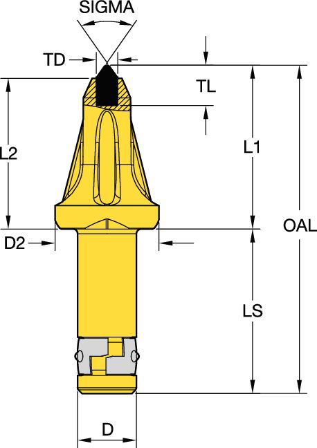 Rotating tungsten carbide pick • 25mm (0.99") Shank-Dimpled Short Retainer for grooved bore • Plug Tip for hard cutting