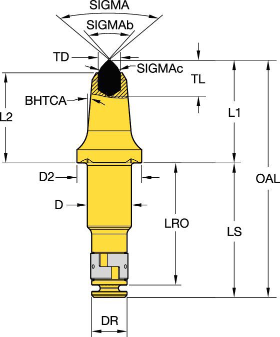 Rotating tungsten carbide pick • 43mm (1.70") Step-Shank-Long Retainer for any bore • Plug Tip for hard cutting