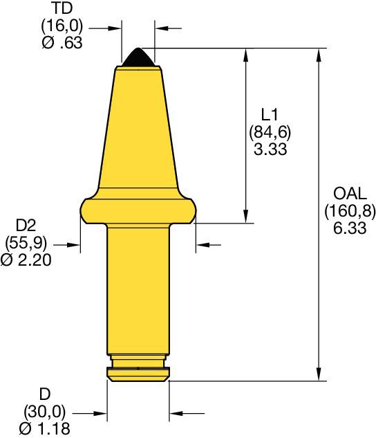 Rotating tungsten carbide pick • 30mm (1.18") Shank-External Hairpin Retainer • Tapered Plug for severe cutting