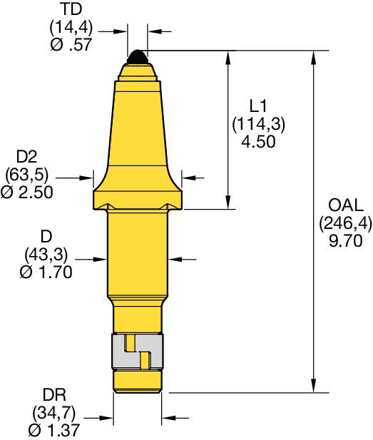 Rotating tungsten carbide pick • 43mm (1.70") Step-Shank-Long Retainer for any bore • Diamond Tip for maximum wear performance