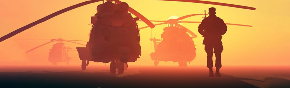 A Group of Military Helicpoters and the Silhouette of a Solider Banner
