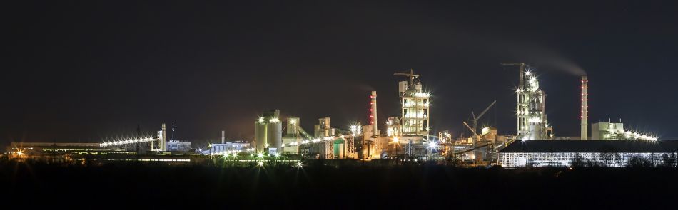 Panorama view of cement plant and power station at night