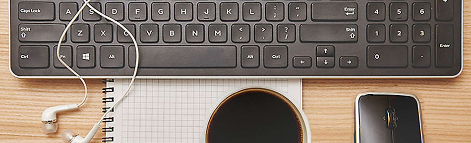 Computer Keyboard, Mouse, and Coffee Banner