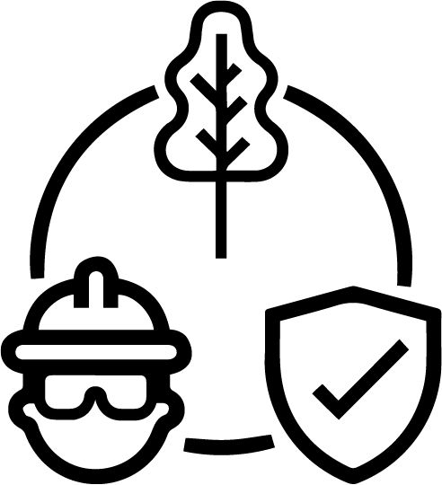 Environment, Helath, and Safety Icon - tree, person in PPE, and check mark