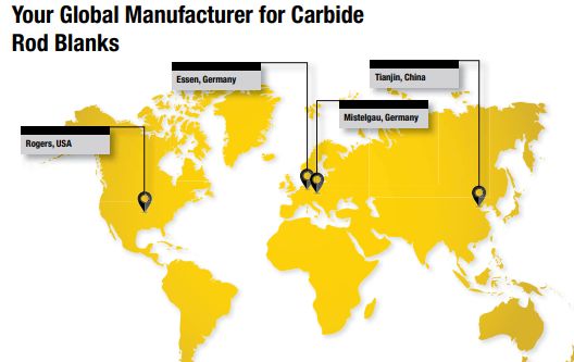 Map of Global Manufacturing Sites of Kennametal Carbide Rod Blanks. Pointing out Rogers, USA; Essen, Germany; Mistelgau, Germany; and Tianjin, China.