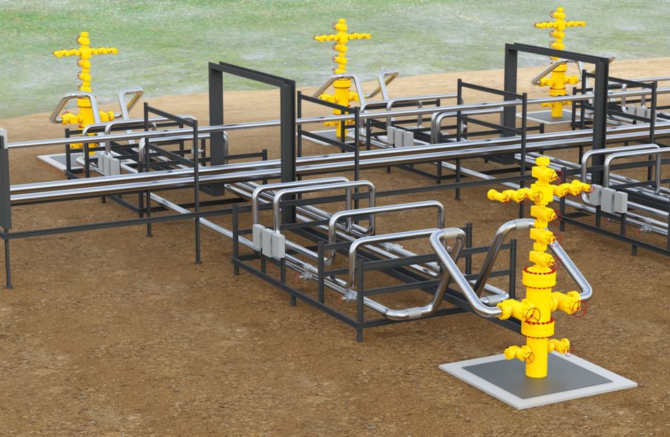Oil and gas production plant with pipes and valves