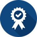Ribbon with Checkmark in Blue Circle (Product Support) Icon