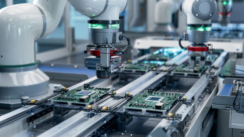 Component Installation and Quality Control of Circuit Board. Fully Automated PCB Assembly Line Equipped with High Precision Robot Arms at Electronics Factory.