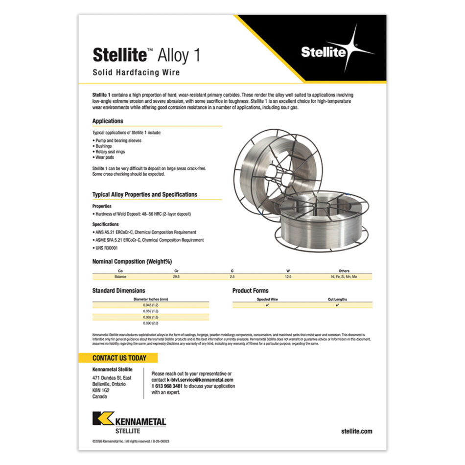 Stellite Alloy 1 Solid Hardfacing Wire Datasheet Cover