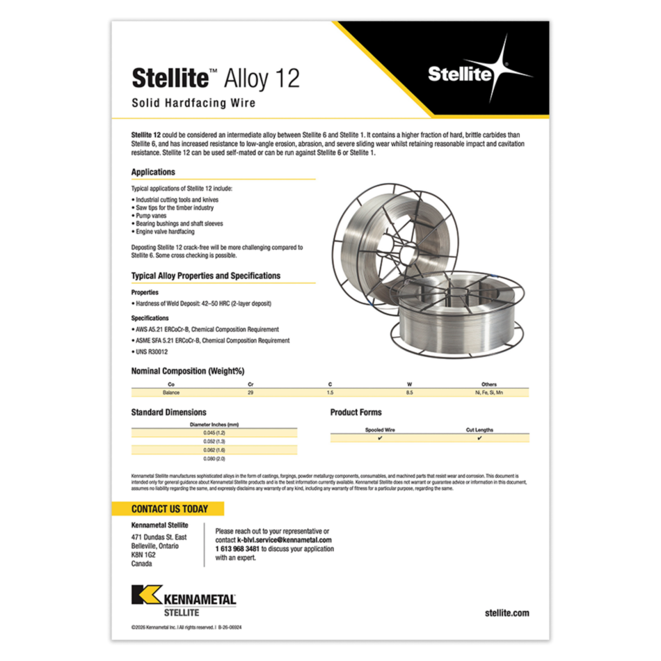 Stellite Alloy 12 Solid Hardfacing Wire Datasheet Cover