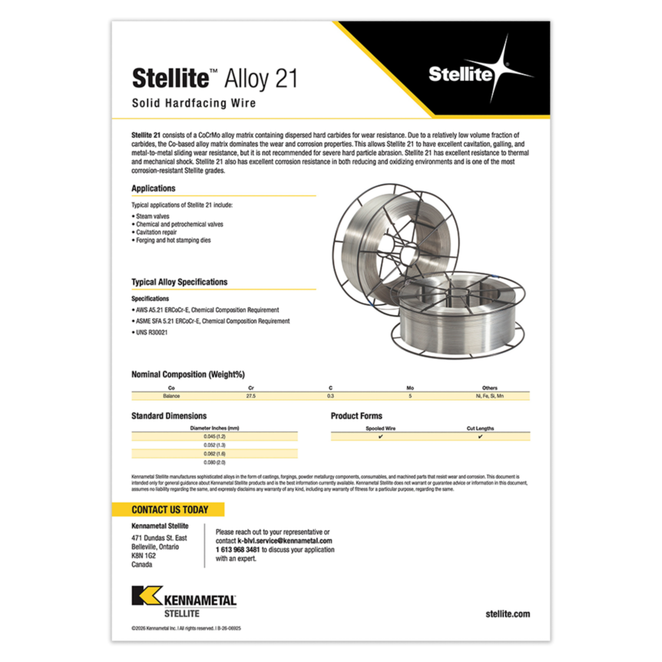 Stellite Alloy 21 Solid Hardfacing Wire Datasheet Cover