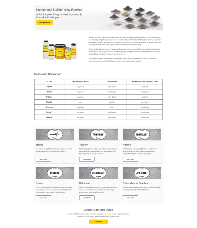 Screenshot of Stellite Alloy Families Page