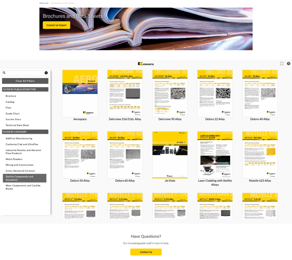 Screenshot of Stellite Brochures and Data Sheets Page