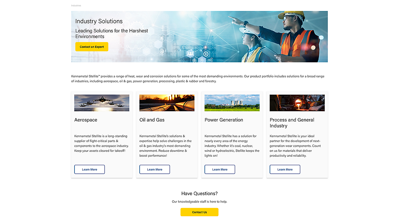 Screenshot of Stellite Industry Solutions Page