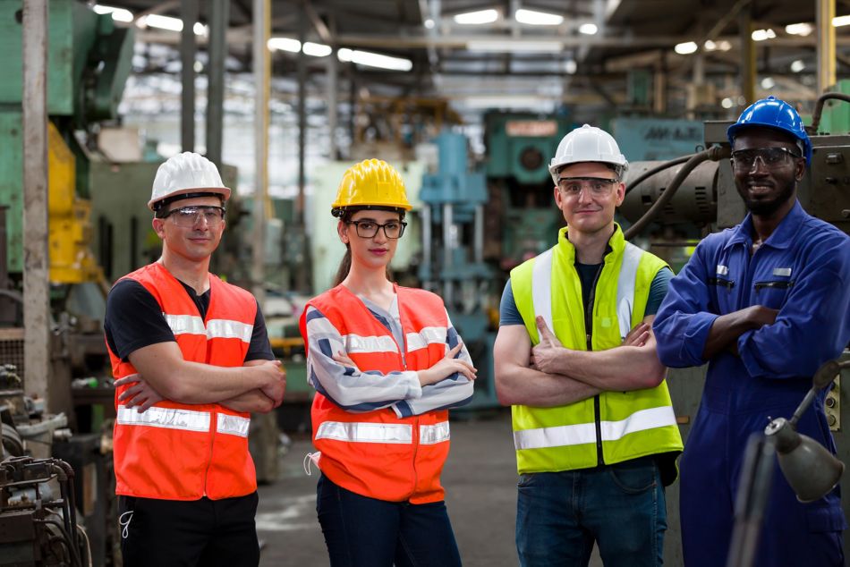 Confident diversity factory worker in factory. Male and female worker wearing safety uniform, helmet at work factory. Group of worker working at factory