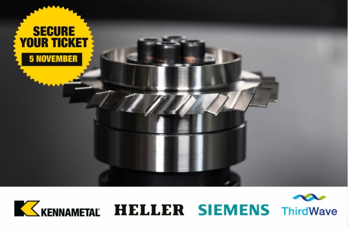 Secure your ticker 5 November with an aerospace component. Kennametal, Heller, Siemens, and ThirdWave logos.