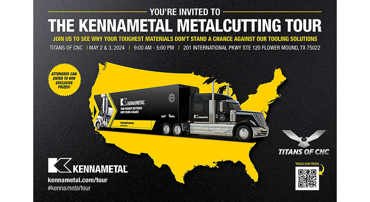 Register NOW to join us at an exclusive stop on the Kennametal Metal Cutting Tour at the TITANS of CNC facility in Flower Mound, TX. On May 2nd or 3rd, you can talk about your latest projects with Titan and his team, watch live Kennametal tooling demos, connect with our experts, enjoy light appetizers and get a tour of the impressive TITANS of CNC facility. 