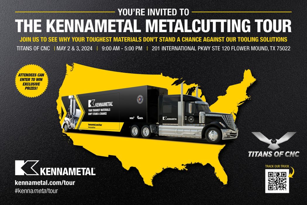 Register NOW to join us at an exclusive stop on the Kennametal Metal Cutting Tour at the TITANS of CNC facility in Flower Mound, TX. On May 2nd or 3rd, you can talk about your latest projects with Titan and his team, watch live Kennametal tooling demos, connect with our experts, enjoy light appetizers and get a tour of the impressive TITANS of CNC facility. 