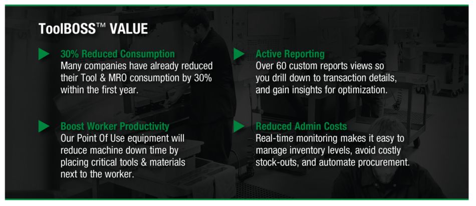 ToolBOSS Value - 30% reduced consumption, active reporting, boost worker productivy, and reduced admin costs paragraphs
