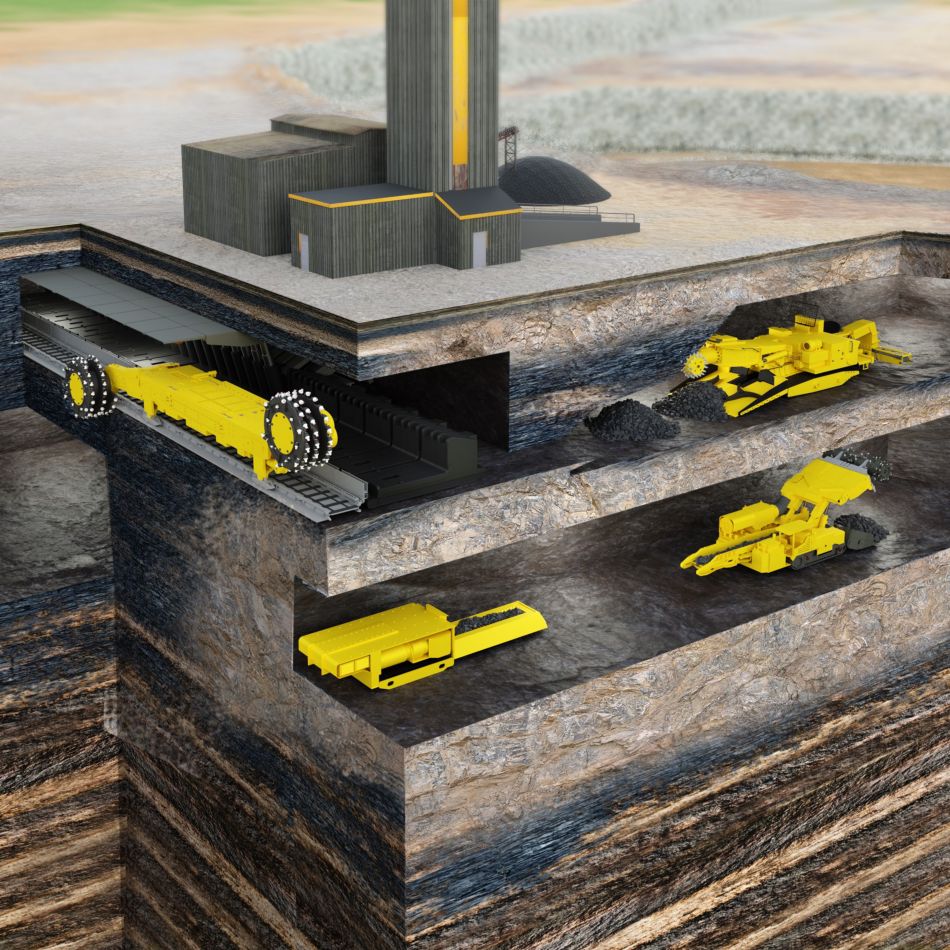 Mining diagram showing different layers of the earth and various machinery